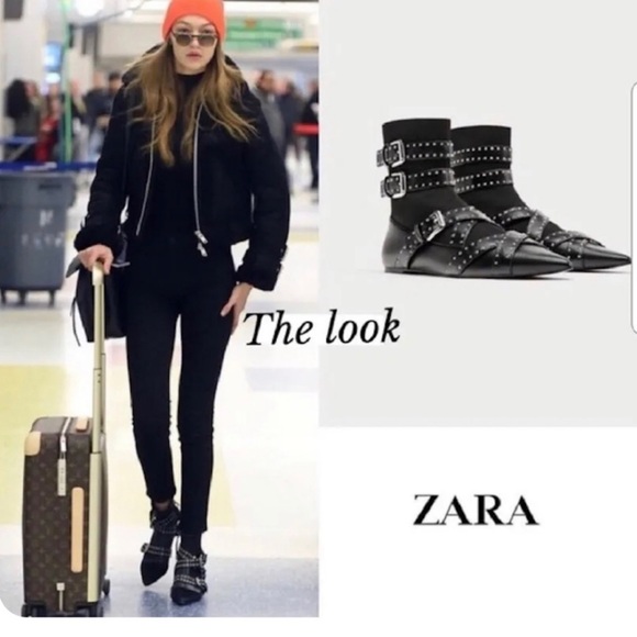 Zara Vegan Buckled Studded Sock Ankle Boot - Picture 2 of 8